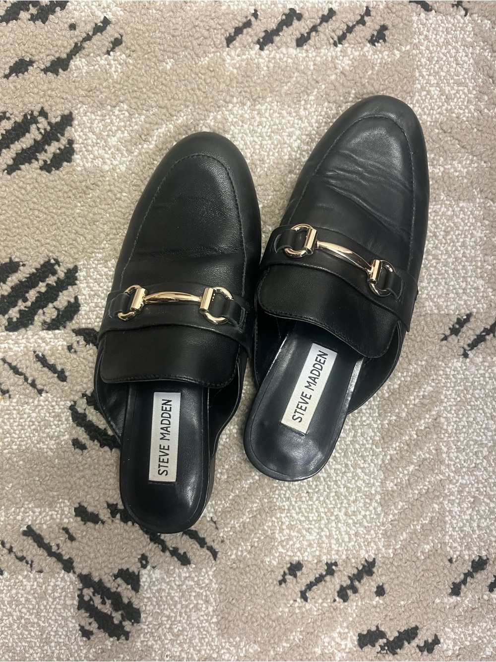 Steve Madden Black Leather Slip-On Mule with Gold Horsebit